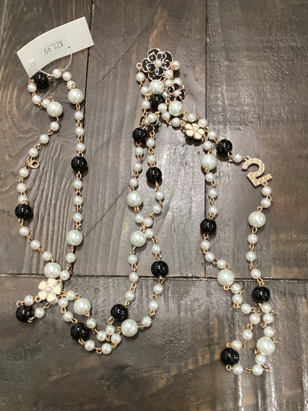 Pearl and Black Bead Long Necklace with Floral Accents